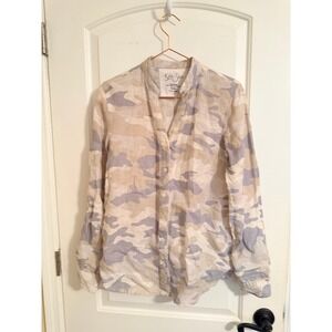 Kyla Seo‎ Camo Linen Blend V Neck Button Up Shirt Top Small Handmade India